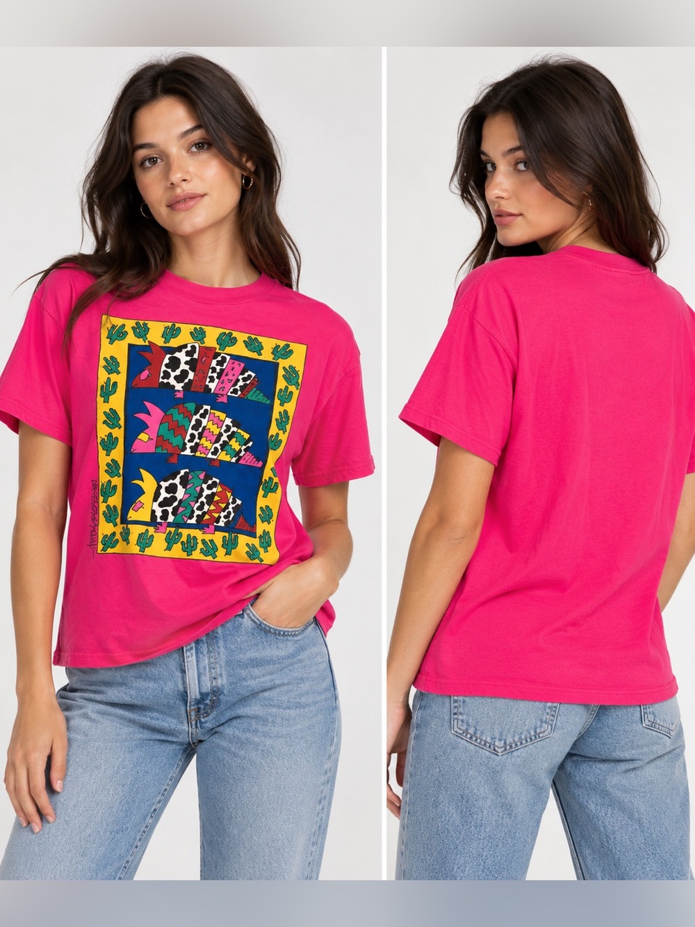 Vintage 80’s 90’s Artworks Beefy T Hanes Shirt Neon Pink Cactus Armadillo sz M.